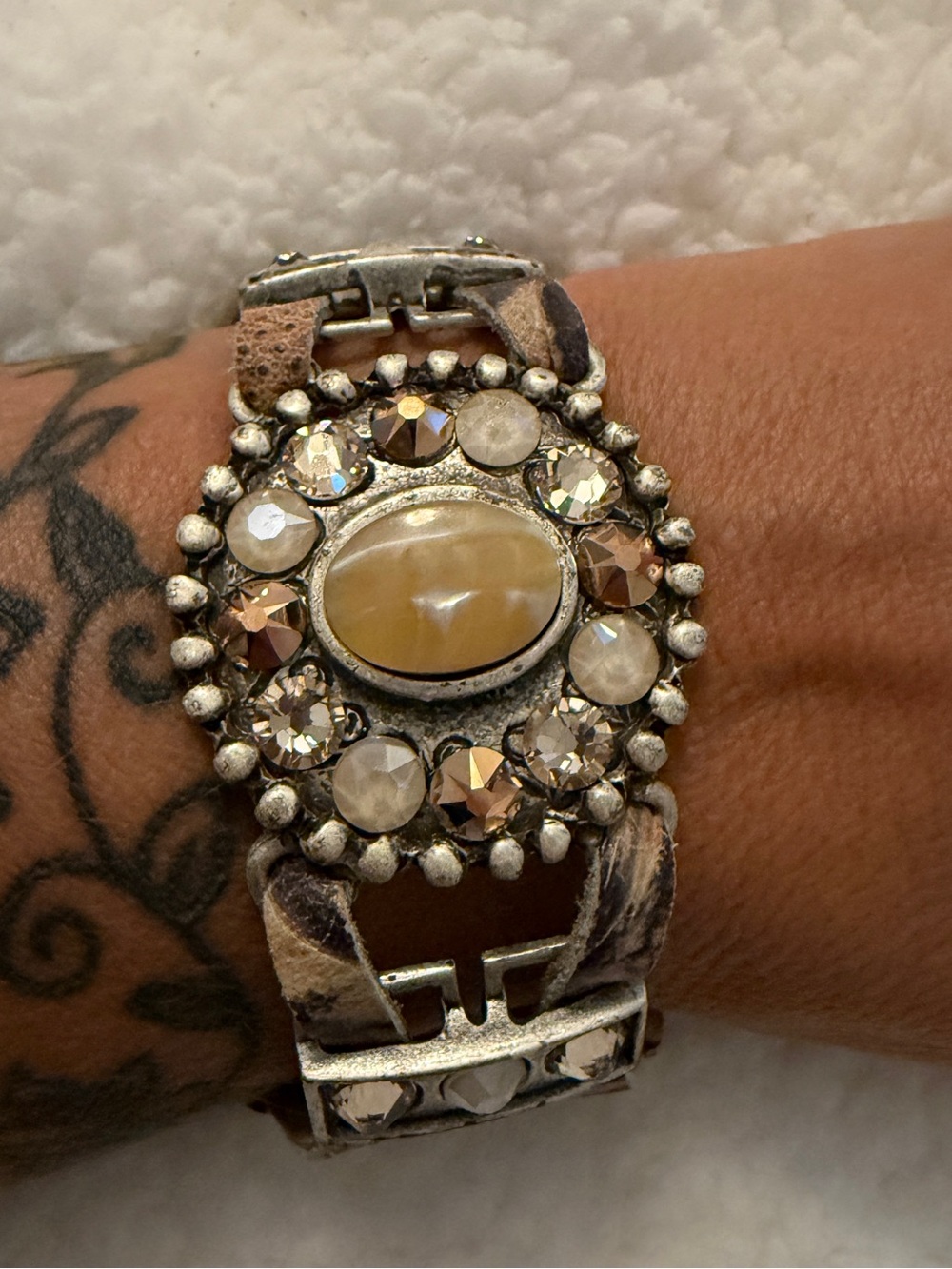 Leatherock Boho Champagne Crystal and Stone Statement Bracelet with leopard